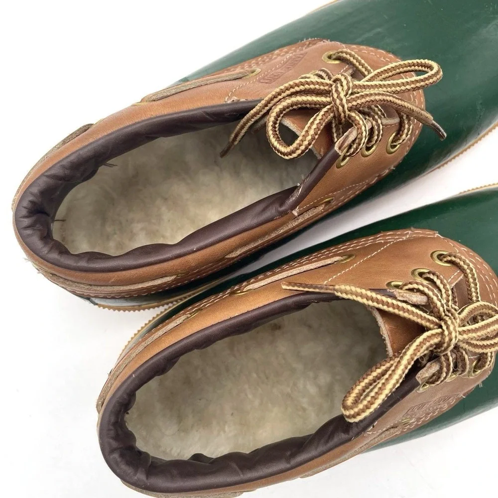 VTG Lands' End Insulated Duck Shoes Sz 8 Green Brown Rubber Leather Sherpa Lined